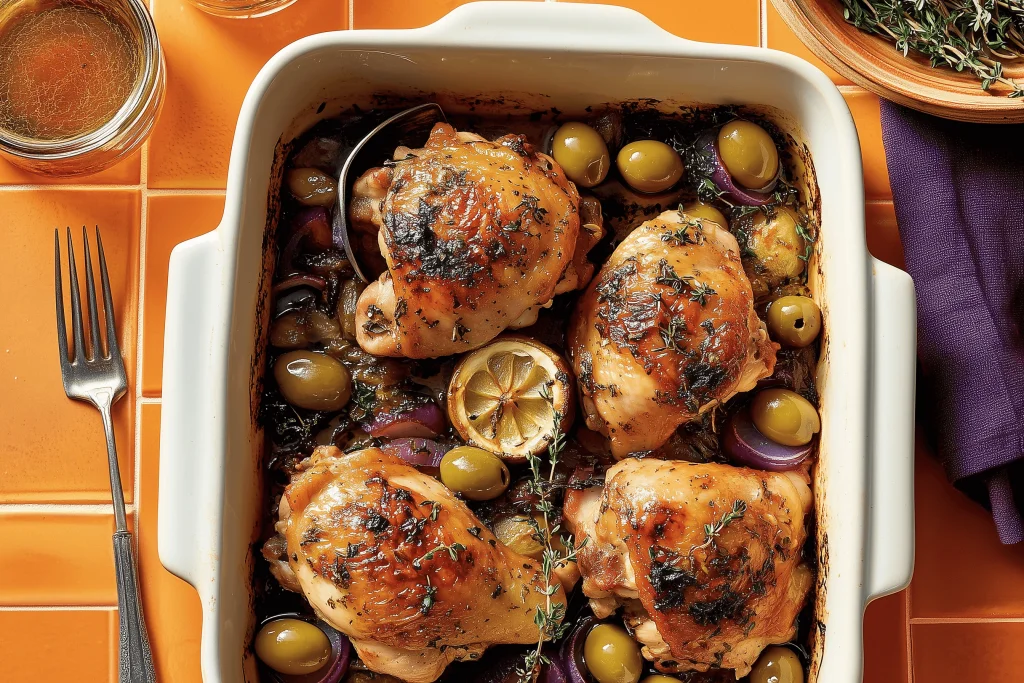 Ofengebratene Hähnchenschenkel mit Oliven